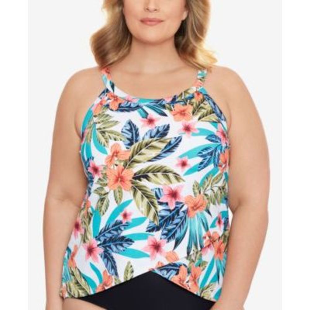 $79 Swim Solutions Montego Bay Printed Underwire Tankini Top Natural Size 18W